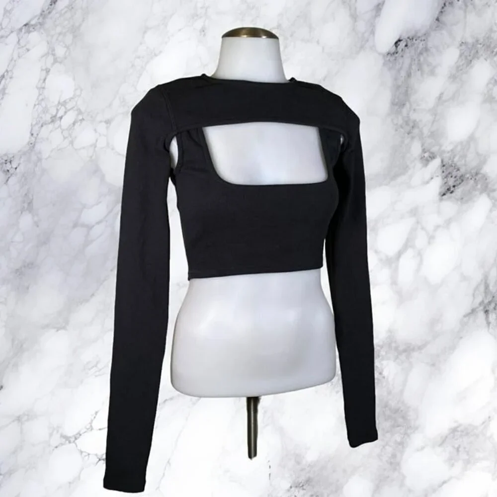 NBD Cropped Long Sleeve Top Tank Set - Black - Picture 2 of 8